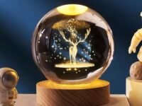 One94Store 3D Deer Crystal Globe Lamp Creative Engraved Crystal Ball Night Light USB Table LED Wooden Crystal Ball for Home Office Decoration Birthday Gift Adults (Deer 6cm)(Warm White)