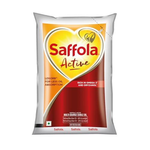 Saffola Active Refined Cooking oil | Rich in Omega 3 & Oryzanol | Multi-Source Edible Rice Bran & SoyaBean oil | 1 Litre pouch