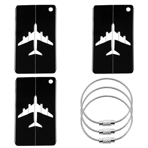 Storite Pack of 3 Luggage Tags, Metallic Luggage Tags with Steel Loop Travel Bag Tags for Easily Identification of Bags (Black)