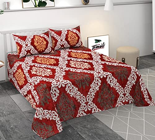 Temoli Flannel Solid Fabric Warm Bedsheets with 2 Pillow Covers (250X250 cm, King Size, Zig-Zag-Red)