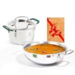 The Indus Valley Triply Stainless Steel Cookware Set + Free Wooden Chopping Board|Kadai (23.4Cm) + Stock Pot (16.7Cm)|Pack Of 3|Induction Friendly|Nonstick 3-Layer Body,100% Pure & Toxin-Free - Silver