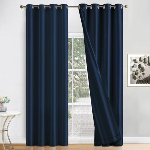 ThinkArtDecor Blackout Curtains 9 feet Long Set of 2, Room Darkening Thermal Insulated Solid Long Door Curtains with Tie Backs, Midnight Blue