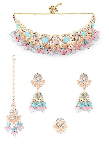 ZAVERI PEARLS Turquoise Blue Pink Stones Beads Choker Necklace Earring Maangtikka Ring Set For Women -ZPFK16166