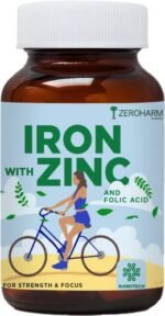 ZEROHARM Iron with Zinc & Folic Acid tablets | Plant based Iron Folic Zinc | Iron supplements for anemia | Boosts energy and strength| Enhances brain function | Boosts athletic performance| 60 Tablets