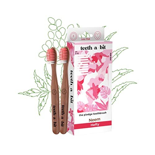 teeth-a-bit The Pledge Therapeutic Neem Toothbrush Kids (5-8 Years) Slim Handle Gum Sensitive Soft Bristles Pack of 2 (Love Pink)