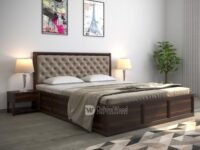 DRIFTINGWOOD Dolvi Solid Sheesham Wood King Size Bed with Storage | Wooden Double Bed Cot Bed with Box Storage & Matt Beige Mink Velvet Upholstered Cushioned Headboard for Bedroom | Walnut Finish