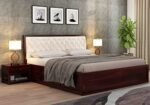 DRIFTINGWOOD Dolvi Solid Sheesham Wood Queen Size Bed with Storage | Wooden Double Bed Cot Bed with Box Storage & Upholstered Cushioned Headboard for Bedroom | Rosewood, Walnut Finish