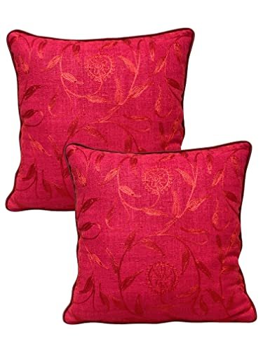 House Of Silko Luxury raw Silk Bright Colorful Cushion Cover with Floral Embroidery for Home Decoration (20x20, red) Set of 2 pc