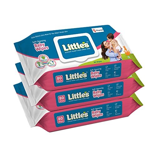 Little's Soft Cleansing Baby Wipes with Lid | 80 Wipes x Pack of 3 - 240 Wipes | Extra Thick & Moist Wet Wipes for Baby's | Prevents Rashes & Redness with Goodness of Aloe Vera, Vitamin E & Jojoba Oil