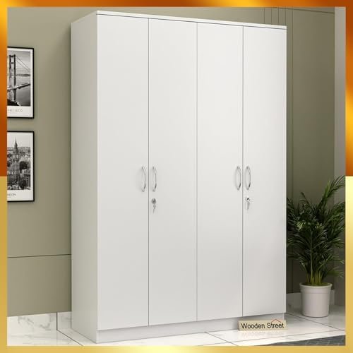 WoodenStreet™ Kayden Engineered Wood 4 Door Wardrobe for Clothes, Cupboard Wooden Almirah for Bedroom, Multi Utility Wardrobe with Hanger Rod Lock and Handles, 1 Year Warranty,Frosty White Finish