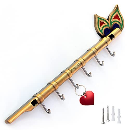 Zeetab Lord Krishna Key Holder & Hanger with Diamond, Metal Peacock Flute Key Stand with 6 Hook Wall Mount, Home Decor Gift (Krishna Flute Antique)
