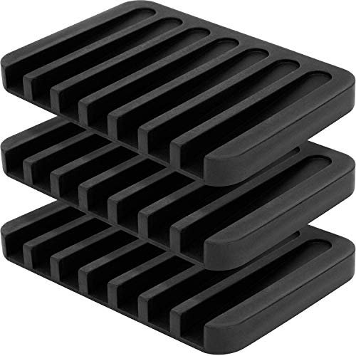 we3 Silicone Soap Dish Tray Saver Holder Drainer Shower Waterfall for Bathroom/Kitchen/Counter Top, Keep Bars Dry Easy Cleaning Flexible Silicone, soap Dish,(3 Pack) (Black)