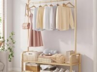 Lukzer 2-Bottom Cloth Stand & Garment Rack: Metal Coat Organizer with Wheels for Hanging Clothes and Bags, Multi-Functional Storage Solution with Single Rod and Mesh Design (173 x 90 x 34 cm/Gold)