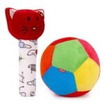 Pikipo Plush Soft Ball (Small Size, 11cm) and Kitty Face Soft Rattle Combo, Multicolor,Baby (Material: Polyester & Plush)