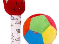 Pikipo Plush Soft Ball (Small Size, 11cm) and Kitty Face Soft Rattle Combo, Multicolor,Baby (Material: Polyester & Plush)