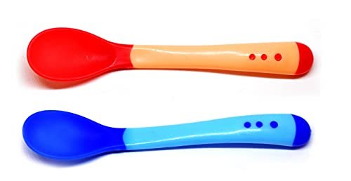THE LITTLE LOOKERS Tip Heat Sensitive Silicone Spoons | Temperature Sensing Spoons | Baby Feeding Silicone Spoon Set (Red & Blue, Pack of 2)
