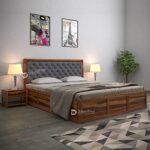 DRIFTINGWOOD Dolvi Solid Sheesham Wood King Size Bed with Storage | Wooden Double Bed Cot Bed with Box Storage & Grey Upholstered Cushioned Headboard for Bedroom | Rosewood, Teak Finish