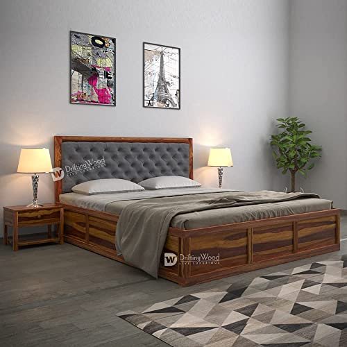 DRIFTINGWOOD Dolvi Solid Sheesham Wood King Size Bed with Storage | Wooden Double Bed Cot Bed with Box Storage & Grey Upholstered Cushioned Headboard for Bedroom | Rosewood, Teak Finish