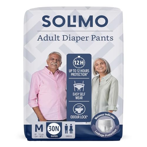 Amazon Brand - Solimo Adult Diapers Pant Style | Medium Size | 30 Count | Waist 24-45 Inch (60-115 cm) | Fast Absorption | Leak Proof | Unisex | For Men & Women