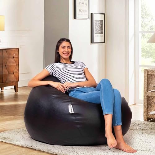 Amazon Brand - Solimo Premium Faux Leather Bean Bag, Filled With Beans | Capacity: Upto 6 Ft 3 In Height, 120 Kg Weight | 3Xl | Black