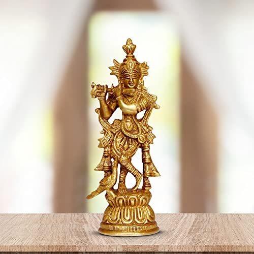ARTVARKO Religious Lord Large Krishna God Murti Brass Metal Statue of Love Flute Playing Home Décor Living Pooja Room Mandir Temple Height 6.75 Inch