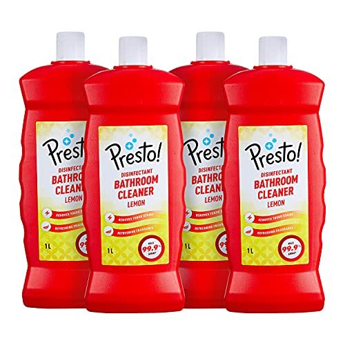 Amazon Brand - Presto! Disinfectant Bathroom Cleaner Liquid | Lemon | 4 Litre | 1 L x 4 Packs | Kills 99.99% of Germs | Suitable for Bathroom Floors, Slabs, Tiles, Sinks, Taps