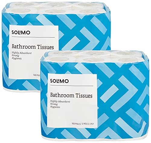 Amazon Brand - Solimo 3 Ply Toilet Paper Roll | 3840 Pulls | 160 Pulls X 24 Rolls | Soft and Highly Absorbent | 100% Natural Virgin Cellulose Fiber