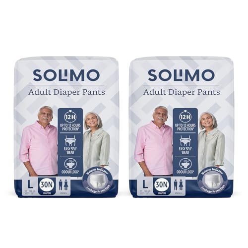 Amazon Brand - Solimo Adult Diapers Pant Style | Large Size | 60 Count | (30 x Pack of 2) | Waist 30-55 Inch (75-140 cm) | Fast Absorption | Leak Proof | Unisex | For Men & Women