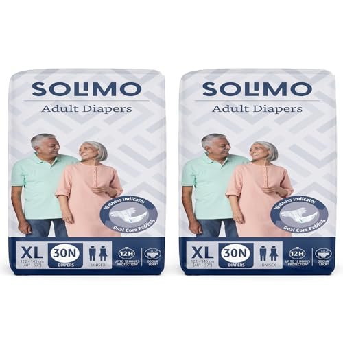 Amazon Brand - Solimo Adult Diapers, Tape Style | XL Size |60 Count | (30 x Pack of 2) | Waist 48-57 Inch (122-145 cm) | Unisex | Quick Absorption | Leak Proof Upto 12 Hours | Wetness Indicator | For Men & Women