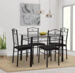 Amazon Brand - Solimo Dorado Toughened Glass 4 Seater Metal Dining Set (Black)