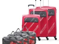 Aristocrat Polyester Trigon Soft Side 4 Spinner Wheels Hexa Luggage Set Of 6|3 Trolley Bags(Cabin 55Cm+69Cm+79Cm)&3 Duffle Bags 52Cm For Travel|5 Years International Warranty (Red) Small,Medium&Large