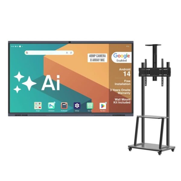 BIG VUE Plus 75 Inch Android 14 Interactive Flat Panel (ADPM) Digital Board with Stand, 8GB RAM 256GB ROM, Ai-Assistant, 48MP Camera with Microphone, Multitouch Screen for Teaching & Office Use