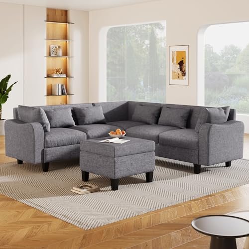 BURRAQUE 6 Seat Sectional Sofa with Coffee Table, L Shape Linen Couch Set with Unique Armrests and 6 Pillows Various Combinations Indoor Funiture for Living Room, Apartment, Office, 87", Gray