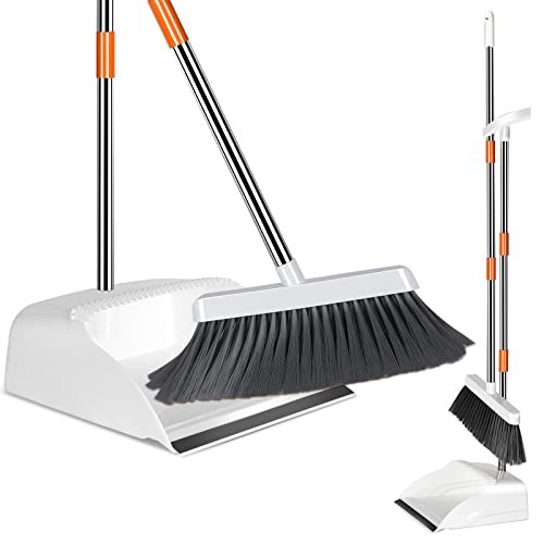 Broom and Dustpan Set,Upright Standing Dust Pans with 54" Stainless Steel Long Handle,Dustpan and Broom Combo for Home Kitchen Office Lobby Floor Cleaning,Outdoor/Indoor Household Brooms-White+Orange