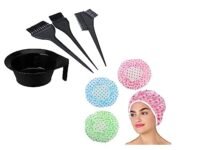 CRIYALE Hair Dye Coloring Kit with 3 Bathing Hair Cap, Mixing Bowl | Professional Salon Hair Color Dyeing Brush Set | Tint Bowl Bleaching Tool | Waterproof Reusable Bathroom Shower Cap Women Men(7pcs)