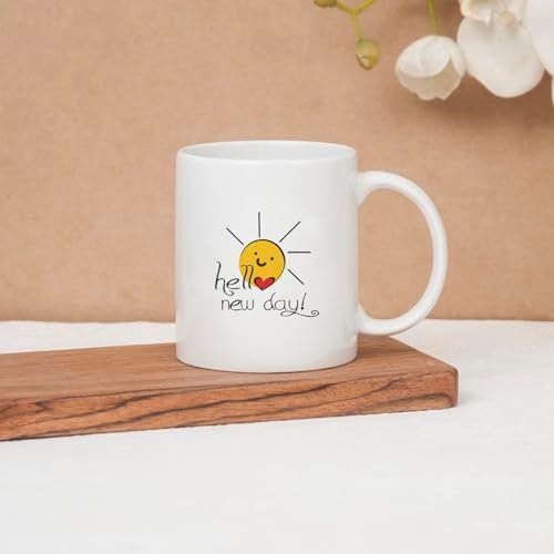 Clay Craft CC MM1 Swiss REZ30 Microwave Safe Coffee Mug for Gift to Couples Wife Husband Boyfriend Girfriend Brother 350 ml, Hello New Day