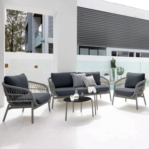 DEVOKO Outdoor 4 Seater Rope Sofa Conversation Set with Comfortable All Weather Water-Resistant Cushions and Glass Top Round Center Table for Garden,Patio,Poolside(Light Grey & Dark Grey)