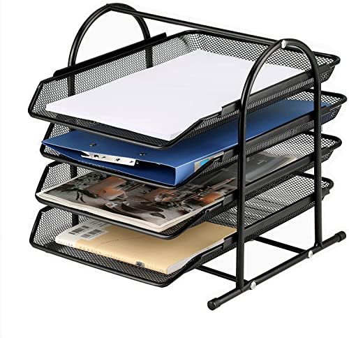 DHVAJ 4 - Tier Mesh Metal Desk Organizers and Accessories,Office Organization Desktop File Organizer Paper Letter Tray Organizer for Letters, Mail, Documents, Black, Office Gifts for Men