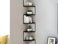 Dime Store 7 Tier Wooden Zig Zag Wall Corner Hanging Shelves for Living Room Stylish | Home Decor Floating Display Rack Storage Organizer (White & Black)