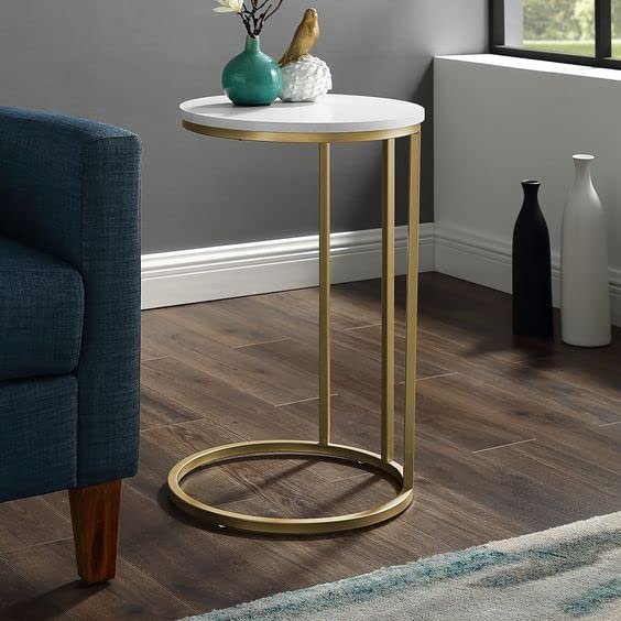 ETIQUETTE ART Nesting Round Side, Accent End Table for Living Room with Metal & Engineered Wood Tabletop and Metal Frame (3 Stick-White-Gold)