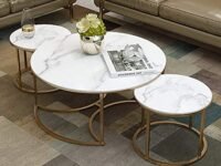 EXPRESSOW ENTERPRISES Round Coffee Table Set of 3, Modern Nesting Stacking Center Table with Sturdy Metal Frame and Marble Look for Living Room, Bedroom or Apartments (Gold White)