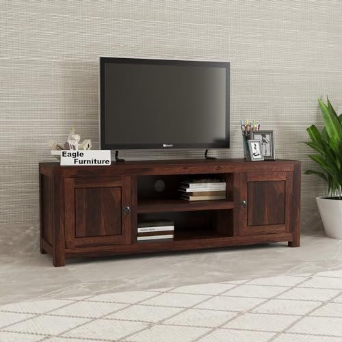 Eagle Furniture Wooden Entertainment Tv Unit for Living Room | Free Standing Multipurpose Media Console Tv Cabinet Sideboard with 2 Door Cabinet & 2 Open Shelf Storage | Walnut Finish