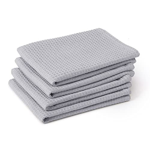 Encasa Homes Anti-Bacterial Kitchen Dish Towels X-Large 18 x 28 inch (4pc Set) Highly Absorbent Waffle Cloth Teatowel for Cleaning & Quick Drying of Plates & Glasses, Eco-Friendly Cotton - Light Grey