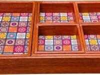 Enigmatic Woodworks Wooden Serving Trays - Decorative Tray Set of 7 I Home Decor I Breakfast I Coffee Table I Dining Table I Bathroom Decor | Bed Tray (Red Rangoli)