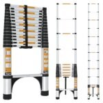 Equal 15 FT Aluminum Folding Telescopic Ladder with 2 Triangle Stabilizers | EN131 Certified with 2 Year Warranty | 150kg Max Capacity | Collapsible Ladder for Home or Outdoor Work (4.4m/15 Step)
