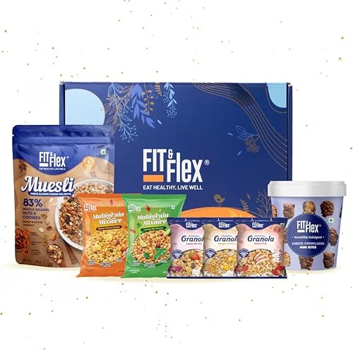 Fit & Flex Festive Gift Box with Healthy Baked Snacks – Premium Festive Gift Hamper (Granola, Muesli, Chocolates & Namkeen) – Healthy Gifting option – As Seen on Shark Tank India – Pack of 7