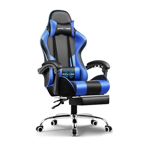 GTPLAYER #1USA Multi-Functional Ergonomic Gaming & Computer Chair – Massage Cushion, Premium PU Leather, Adjustable Neck & Lumbar Pillow for Back Support & Footrest, Home & Office Chair (Blue)