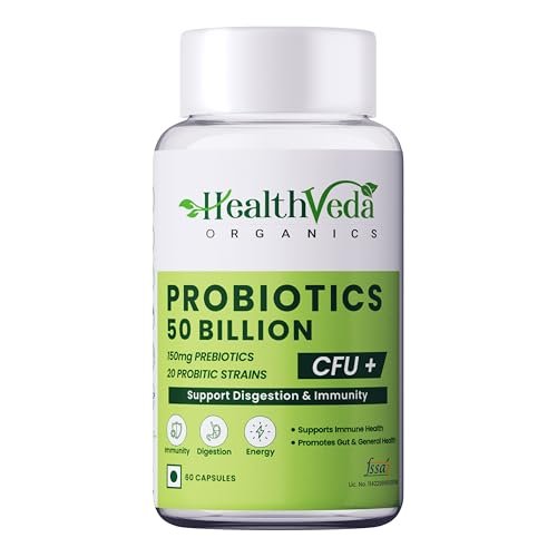 HEALTH VEDA ORGANICS PRIVATE LIMITED Probiotics 50 Billion Cfu Multi-Strains With Prebiotic|Good Digestive,Gut Health,Diarrhea,Gas & Bloating Support|Men And Women - 60 Vegetarian Capsules,1 Count