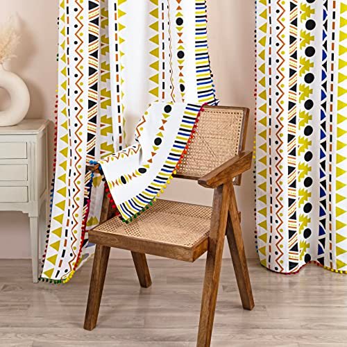 HOMEMONDE Cotton Semi Sheer Curtains 5 Feet Long Set Of 2 Window Thick Drapes With Grommets For Living Room, Beautiful 3 Sides Multicolors Pompom, Tribal Print, Yellow Santo- 60 Inches