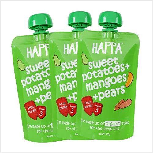 Happa Organic Food Fruit Puree (Pack of 3, Sweet Potatoes+Mangoes+Pears) Stage 3, 3 Pouches, 100 Gram Each